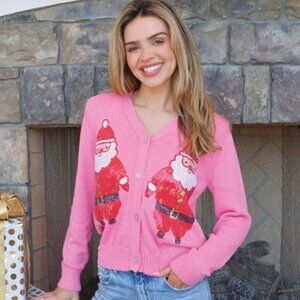 SIMPLY SOUTHERN Sequin Santa Clause Pink Cardigan Sweater S-XXL NWT